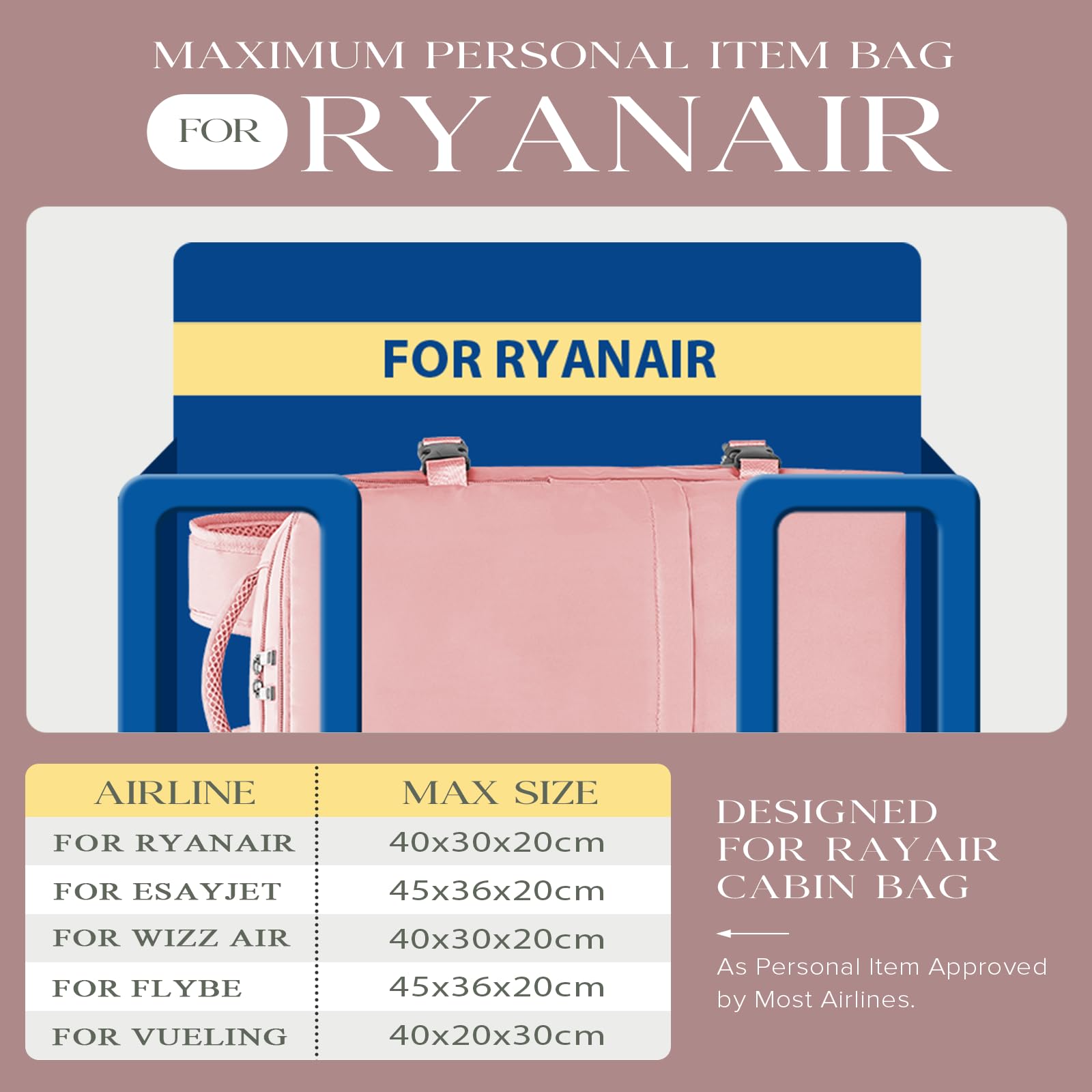 hayayu-sac-de-cabine-sac-dos-cabine-40x20x28-cm-rose-ryanair image 2