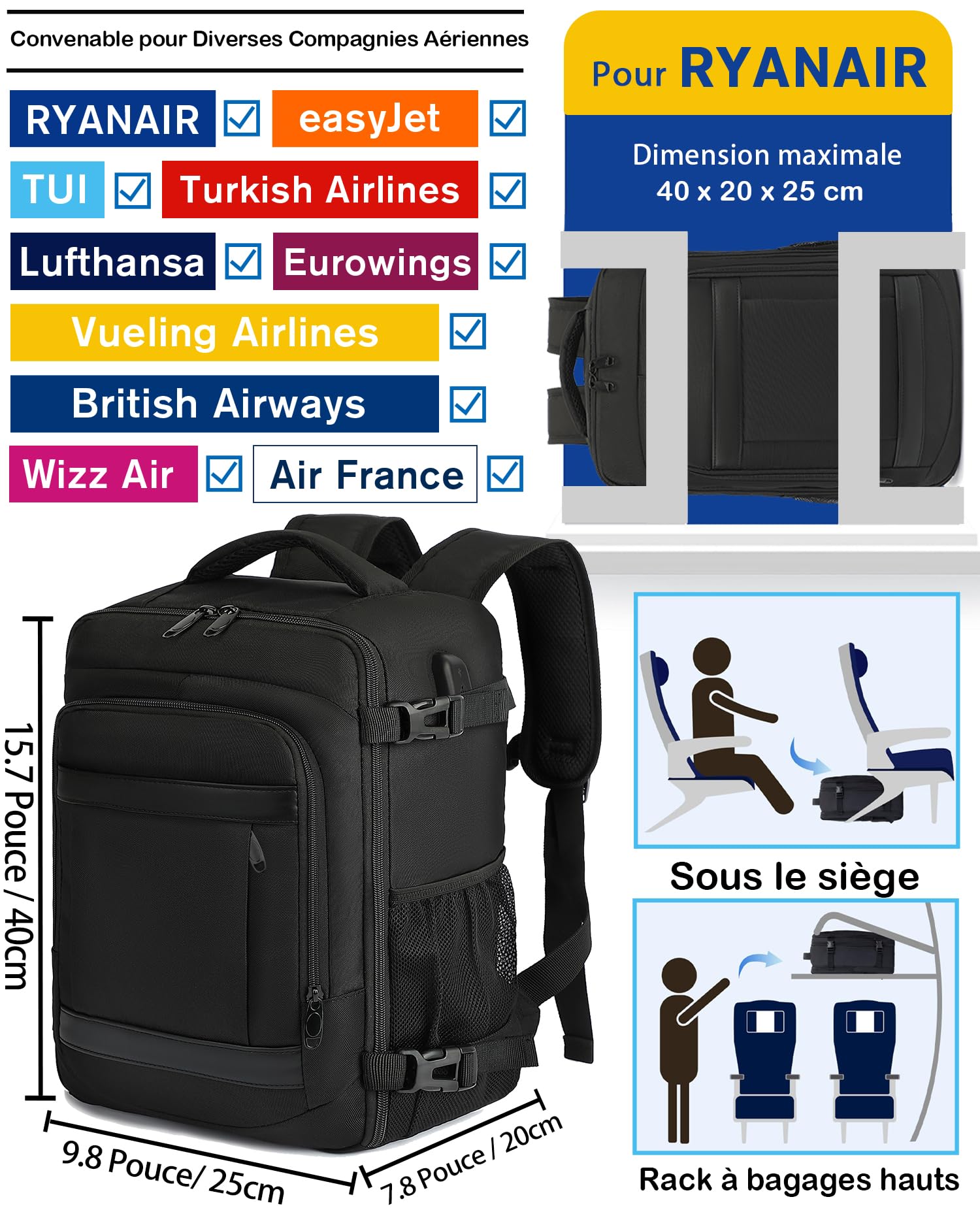klostain-classique-sac-dos-cabine-40x20x25-20l-noir image 2