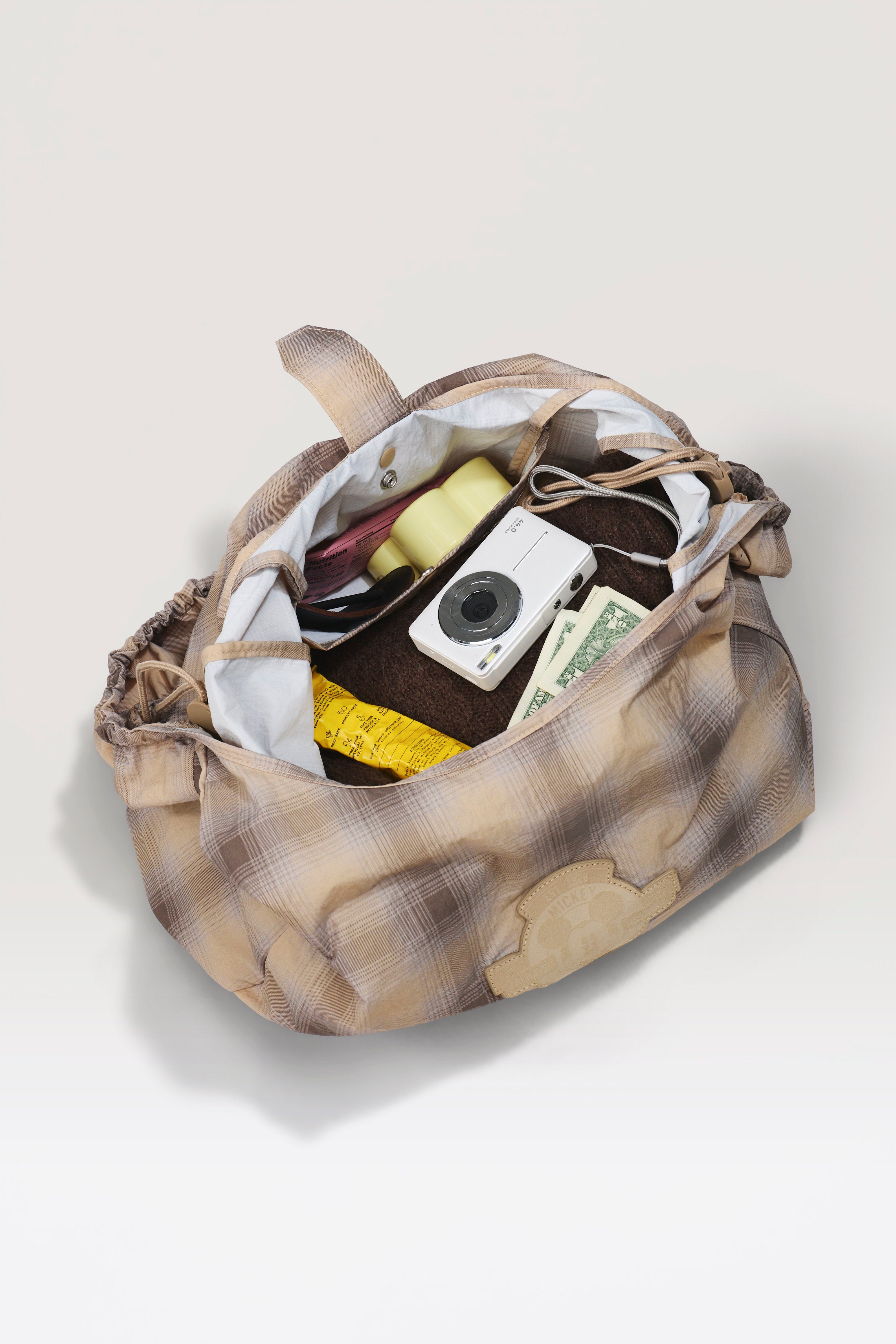 beis-disney-packable-charm-bag-tote-pliable-beige-plaid image 5