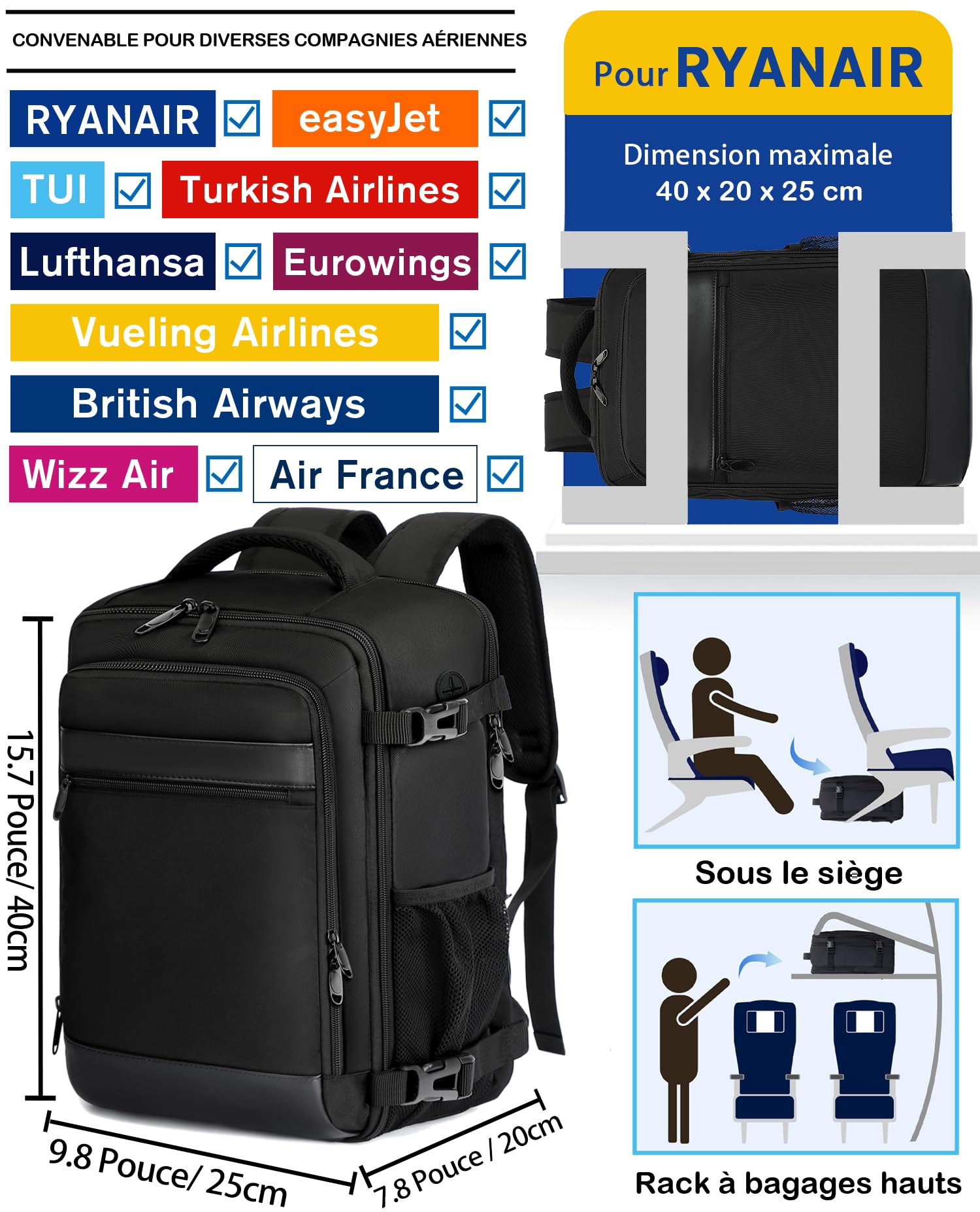 klostain-classique-sac-dos-cabine-40x20x25-20l-noir-14-pouces image 2