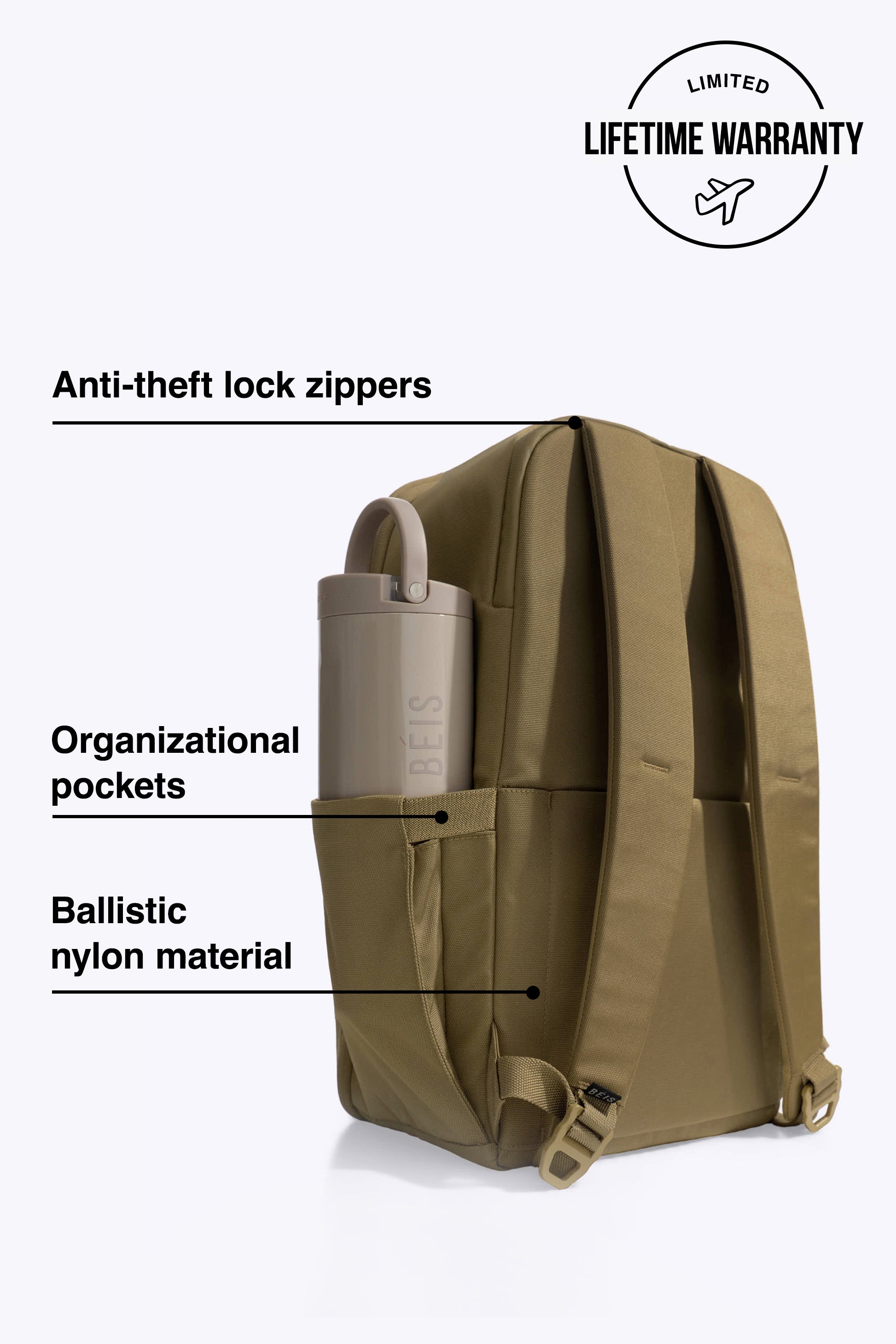 beis-pro-travel-backpack-sac-dos-khaki-nylon-16-pouces image 2
